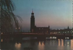 City Hall (Stadshuset) at Night with Bridge Reflections Postcard