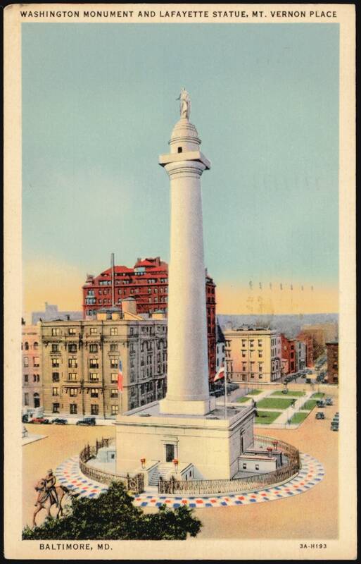 Washington Monument and Lafayette Statue, Mt. Vernon Place Baltimore Maryland
