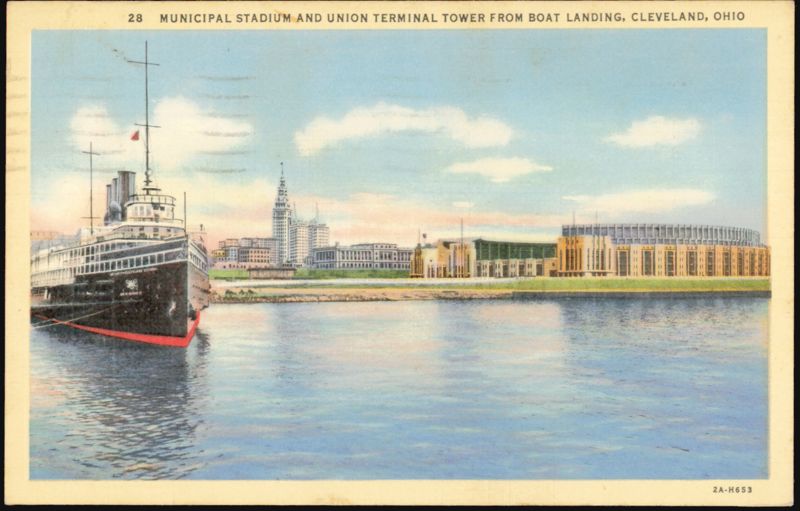 Municipal Stadium & Union Terminal Tower from Boat Landing Cleveland Ohio