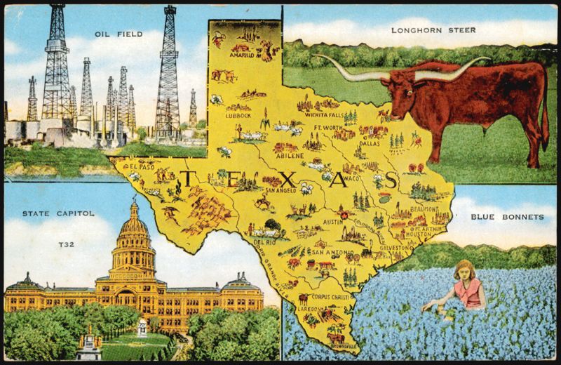 Texas Map with Oil Field, Longhorn, Capitol, Blue Bonnets