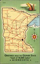 Greetings from the Gopher State Map of Minnesota Postcard