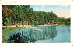 Canoeing on Lake, Lakeside Buildings, Trees Postcard