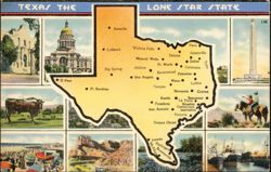 Texas The Lone Star State Map & Landmarks Postcard