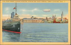 Cleveland Harbor View, Municipal Stadium & Terminal Tower Postcard