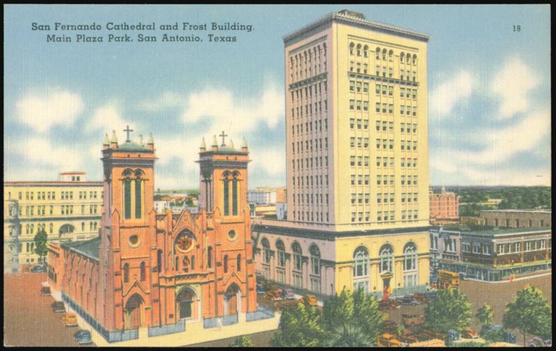 San Fernando Cathedral and Frost Building, Main Plaza Park San Antonio Texas
