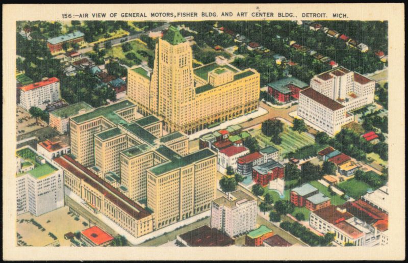 Air View of General Motors, Fisher and Art Center Buildings Detroit Michigan