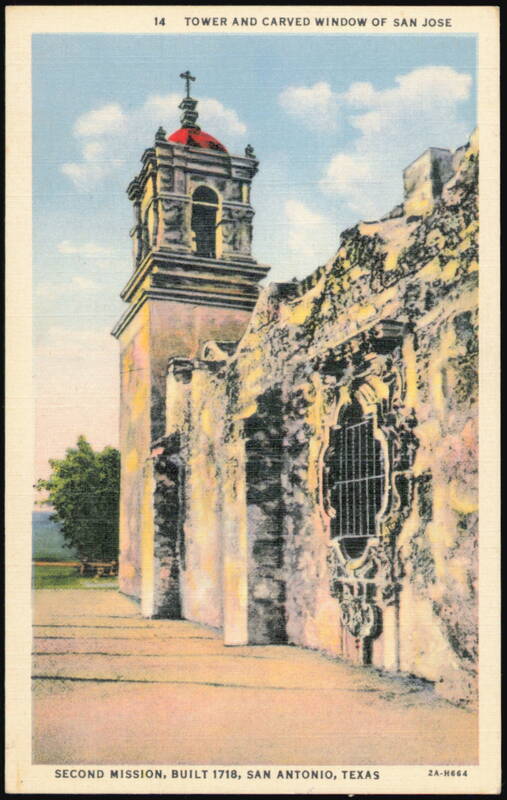 Tower and Carved Window of San Jose Mission San Antonio Texas