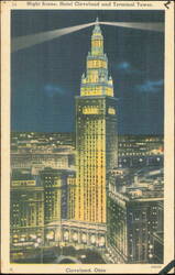 Hotel Cleveland and Terminal Tower Night Scene Postcard