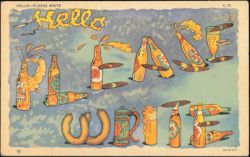 Hello Please Write Beer and Sausage Illustration Postcard