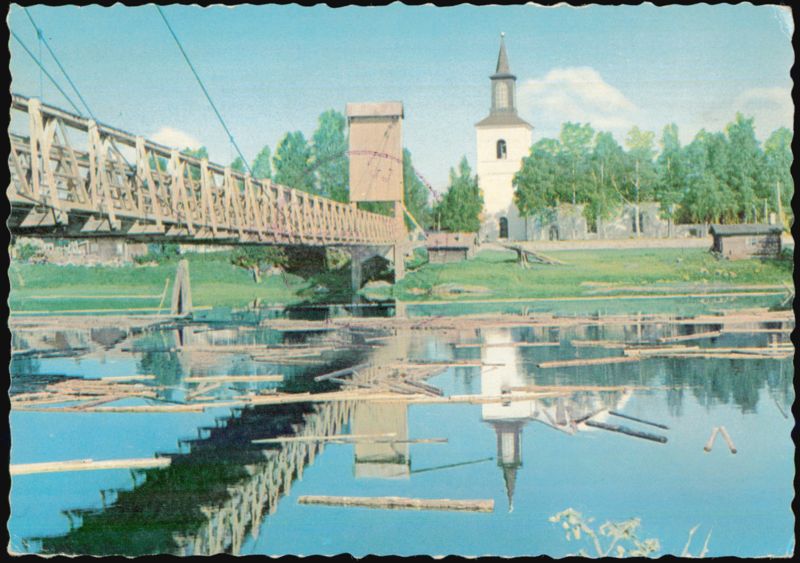 Floda Church and Suspension Bridge with Log Floating Sweden