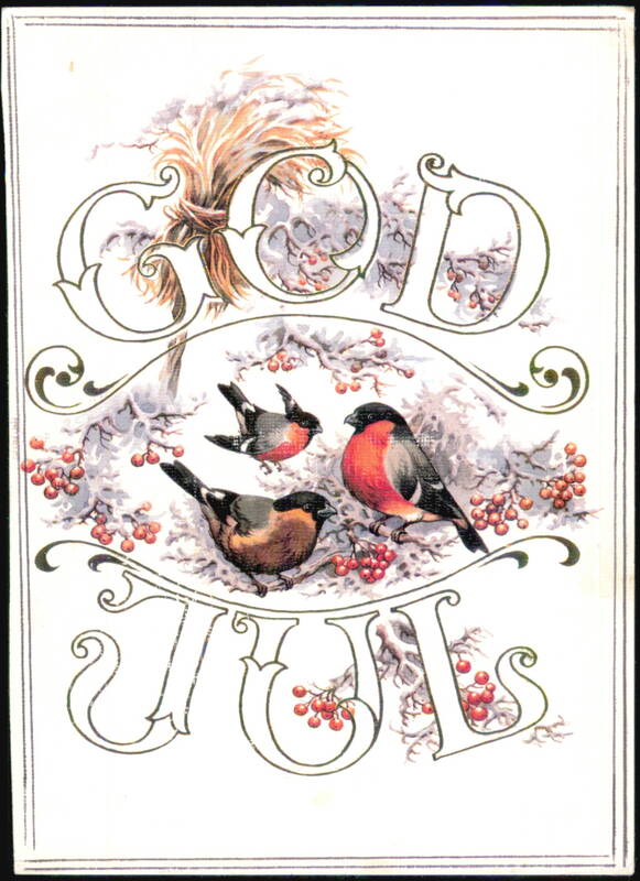God Jul Christmas Greeting with Bullfinches and Berries