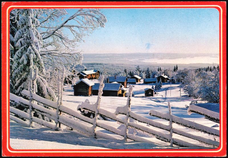 Winter Landscape with Log Cabins in Fryksås, Sweden