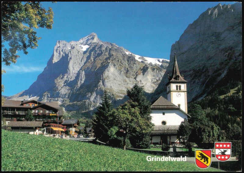 Grindelwald Church and Wetterhorn Mountain View Switzerland