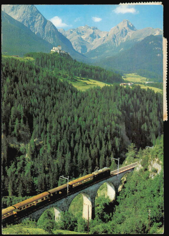 Rhätische Bahn Train on Viaduct, Scuol-Tarasp-Vulpera Switzerland