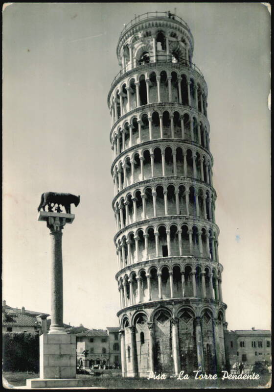 Leaning Tower and Capitoline Wolf Statue in Pisa Italy
