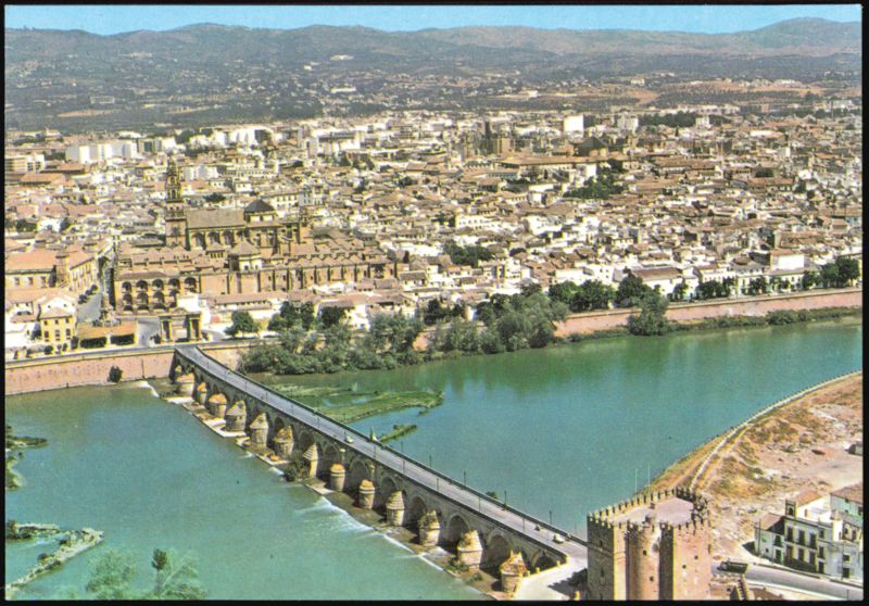 Aerial View of the Mosque-Cathedral and Roman Bridge Cordoba Spain