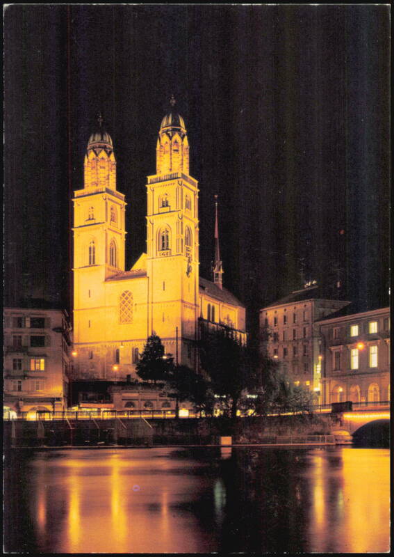 Grossmünster Church at Night, Zurich, Switzerland