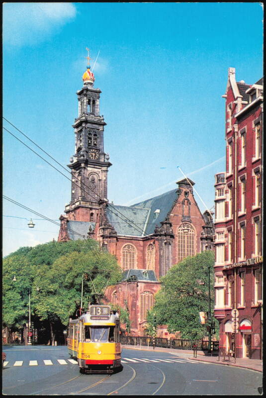 Westerkerk Church and Tram 13 in Amsterdam Netherlands