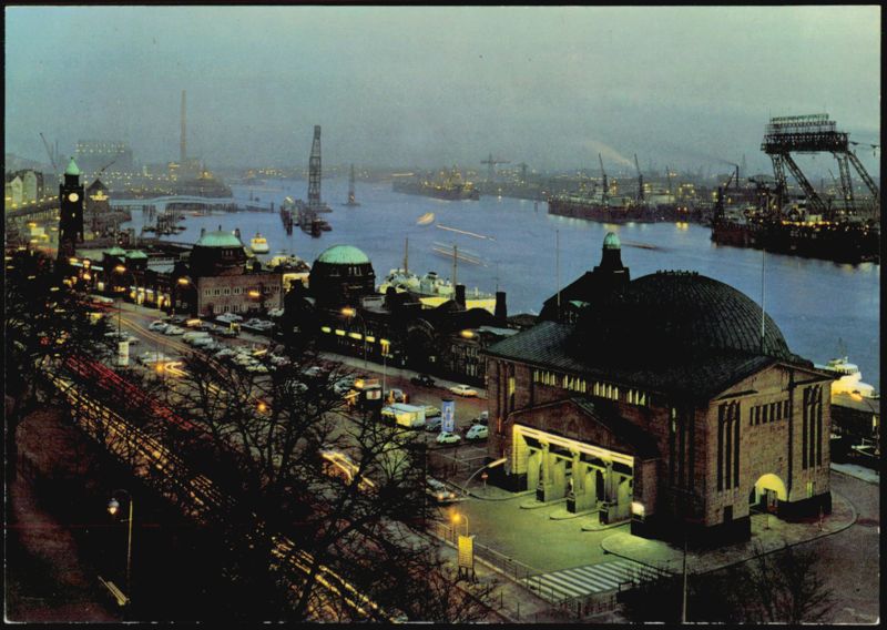 Elbtunnel and St. Pauli Landungsbrücken at Night, Hamburg Germany