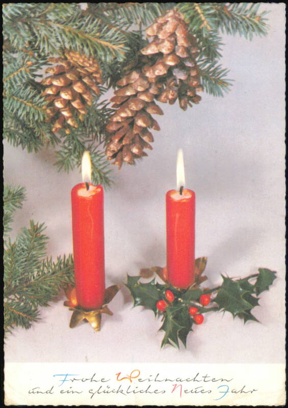 Christmas Candles with Pine Cones and Holly Holiday Greeting Germany