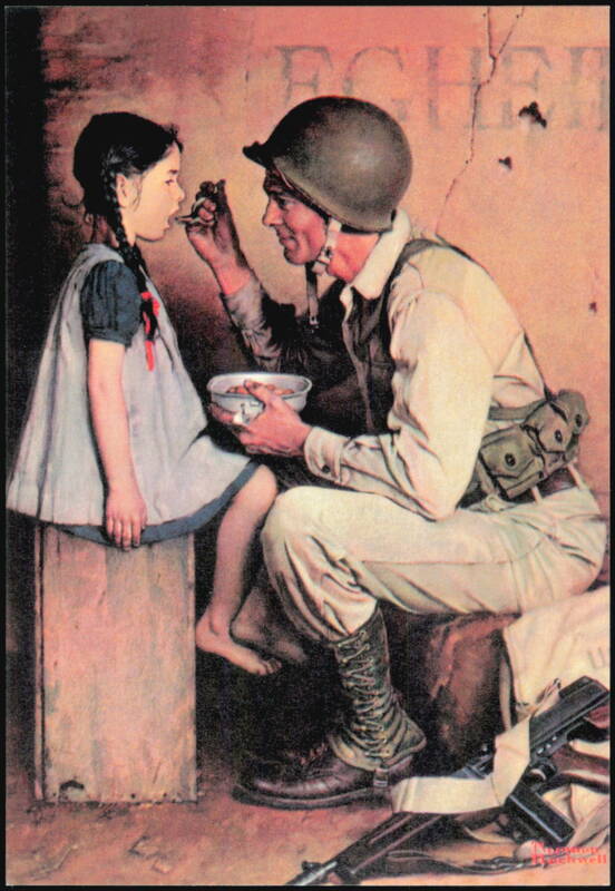 The American Way by Norman Rockwell Soldier Feeding Child