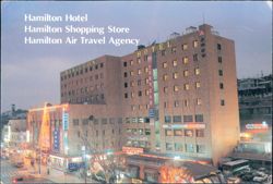 Hamilton Hotel, Shopping Store, and Air Travel Agency Postcard