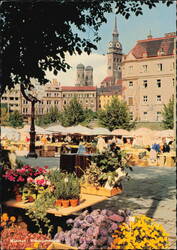 Viktualienmarkt Market Scene with Church Towers, Munich Postcard