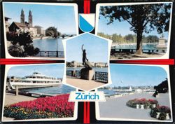 Zürich Landmarks: Grossmünster, Mythen-Quai, and Lake View Postcard