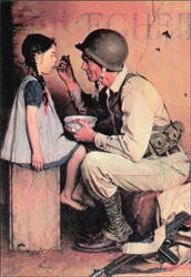 The American Way by Norman Rockwell Soldier Feeding Child Postcard