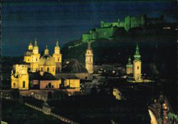 Salzburg by Night, Austria, Cathedral and Hohensalzburg Postcard