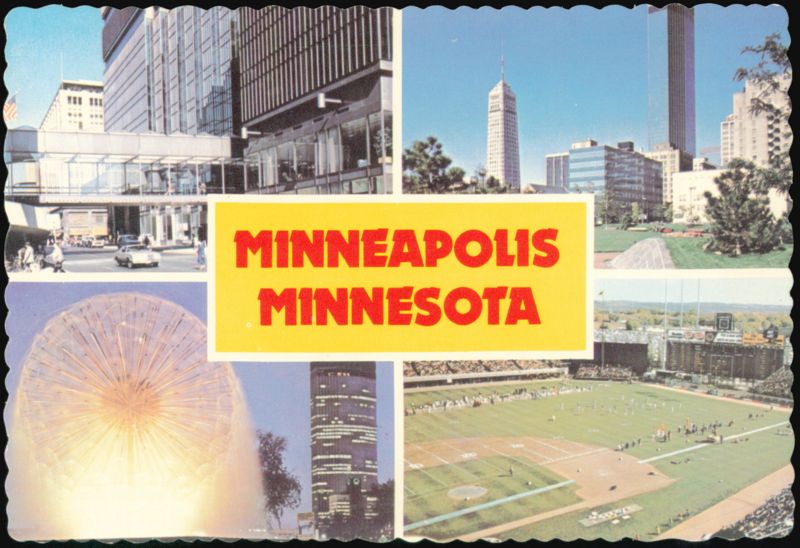 Minneapolis Skyline, Skyway, Berger Fountain, Stadium Minnesota