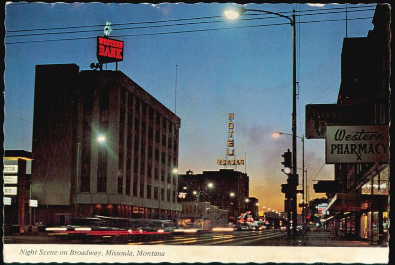 Night Scene on Broadway, Western Bank and Hotel Palace Missoula Montana