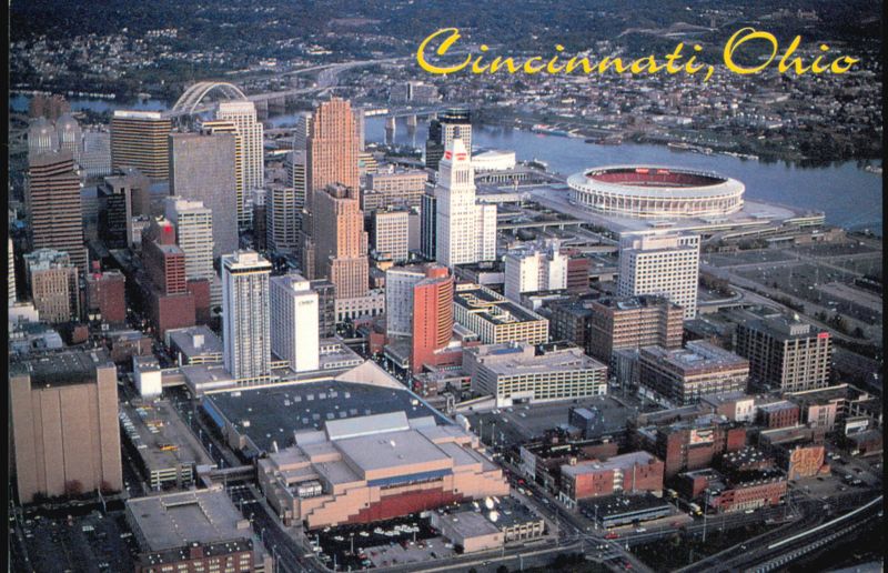 Aerial View of Downtown Skyline and Riverfront Stadium Cincinnati Ohio