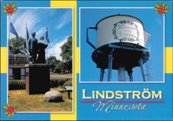 Emigrants Statue and Water Tower in Lindström Postcard