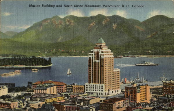 Marine Building And North Shore Mountains Vancouver BC Canada
