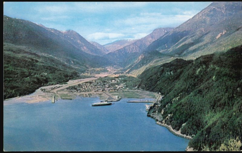 Air view of Skagway with one of the Alaska State Ferries