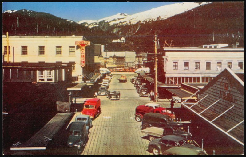 Ingersoll Hotel and Street Scene with Mountains Ketchikan Alaska