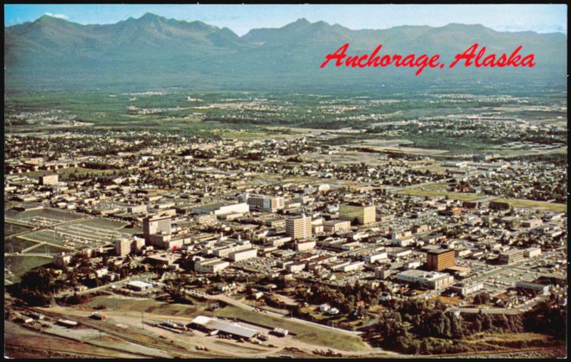 Aerial View of City with Chugach Mountains Background Anchorage Alaska