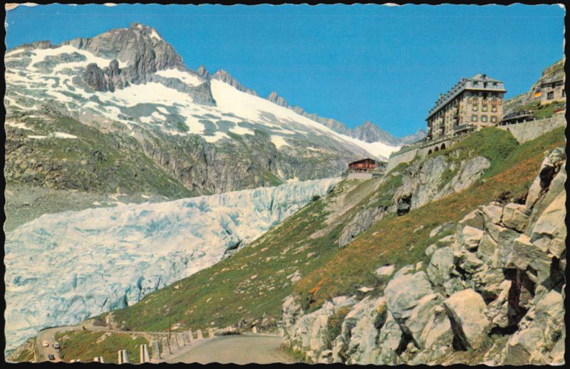 Furkastrasse and Rhone Glacier with Hotel Belvédère Switzerland