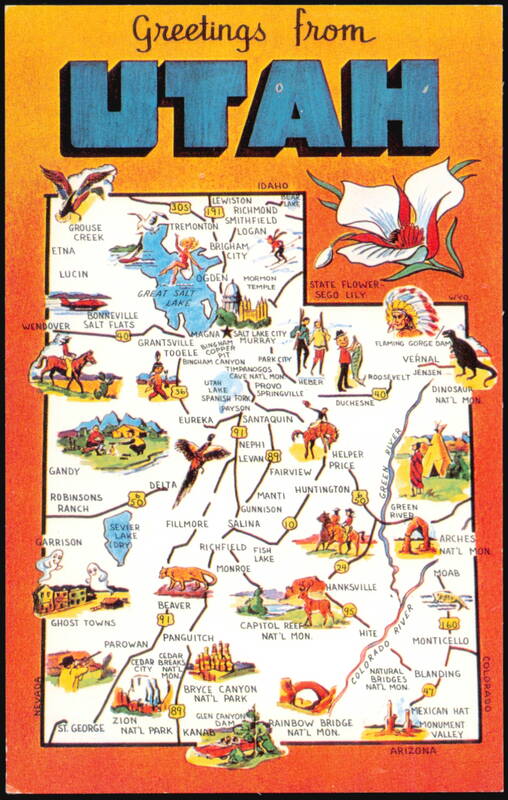 Greetings from Utah Map State Flower Bird and Landmarks