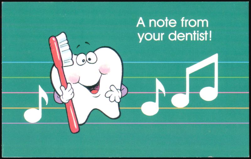 A note from your dentist! Tooth with toothbrush and music notes