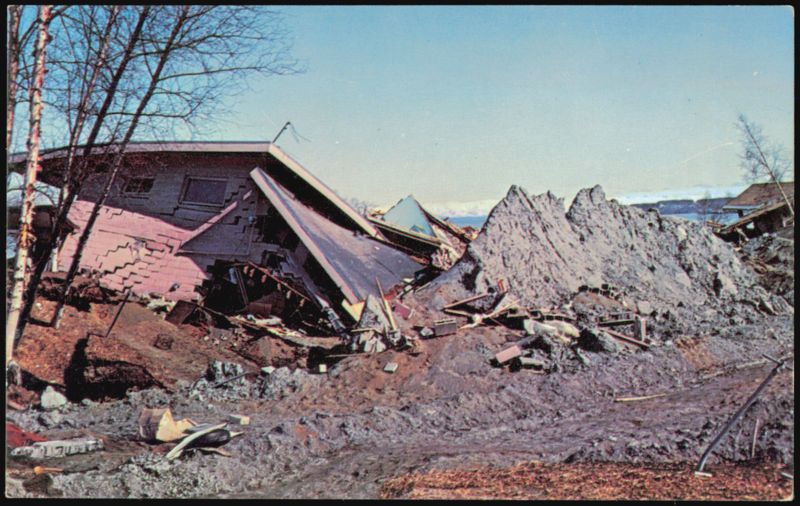 Quake destruction in the Turnagain residential area Anchorage Alaska