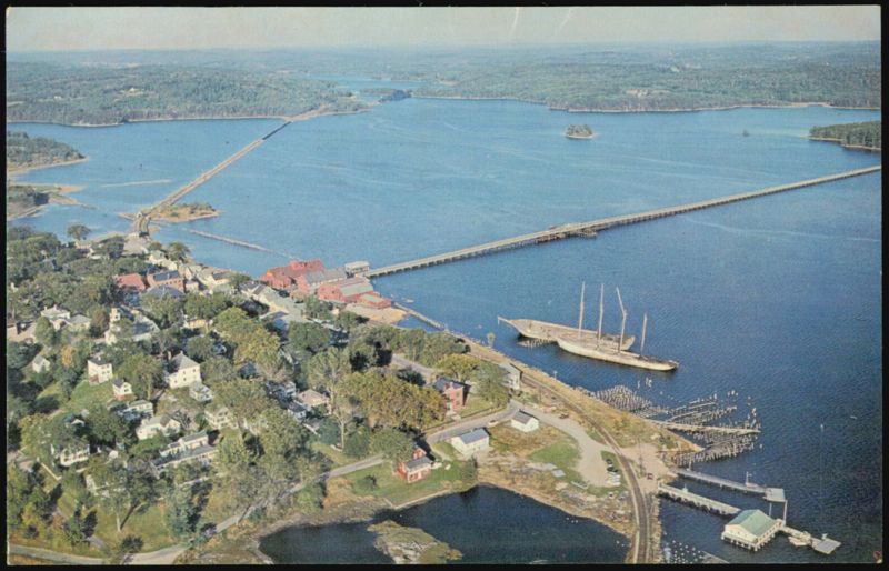 Air view of Wiscasset, Maine with grounded schooners