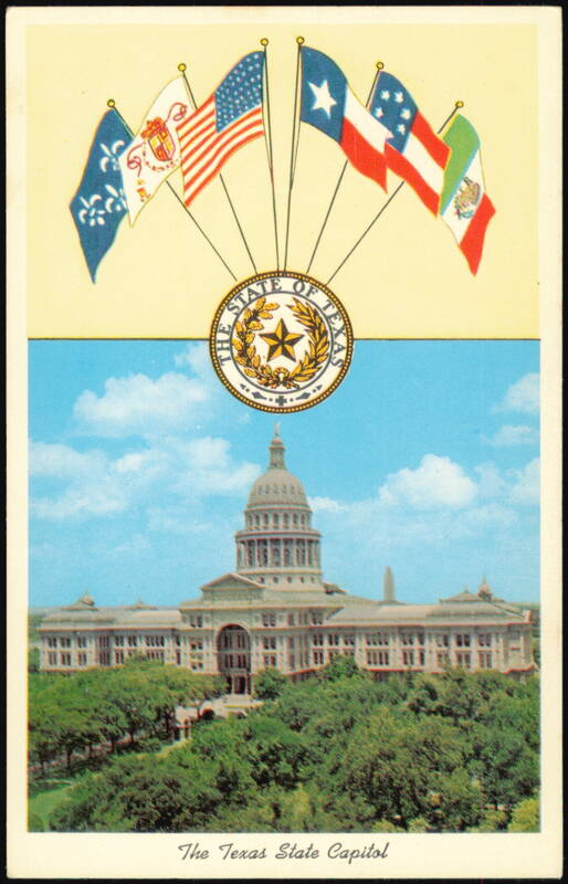 Texas State Capitol Building with State Seal and Flags Austin