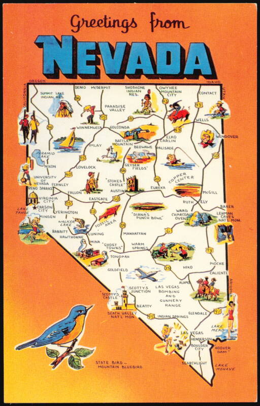 Greetings From Nevada State Map Pictorial Map Card