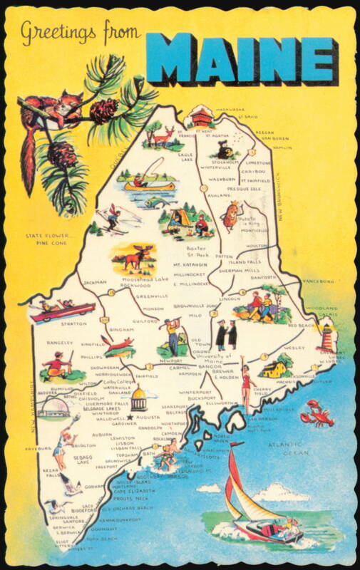 Greetings from Maine State Map Illustrated Postcard