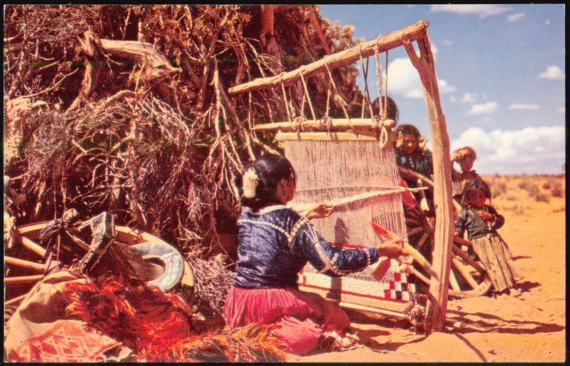 Navajo Weaver At Loom In Desert Landscape Native Americana