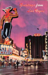 Fremont Street Neon Lights and Las Vegas Cowboy Sign Postcard