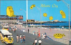 Boardwalk, Beach and Ocean with Superimposed Gambling Paraphernalia Postcard