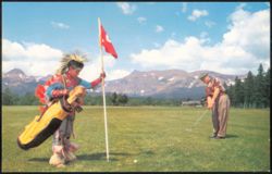 Tommy Old Chief Caddies on Golf Green at East Glacier Postcard